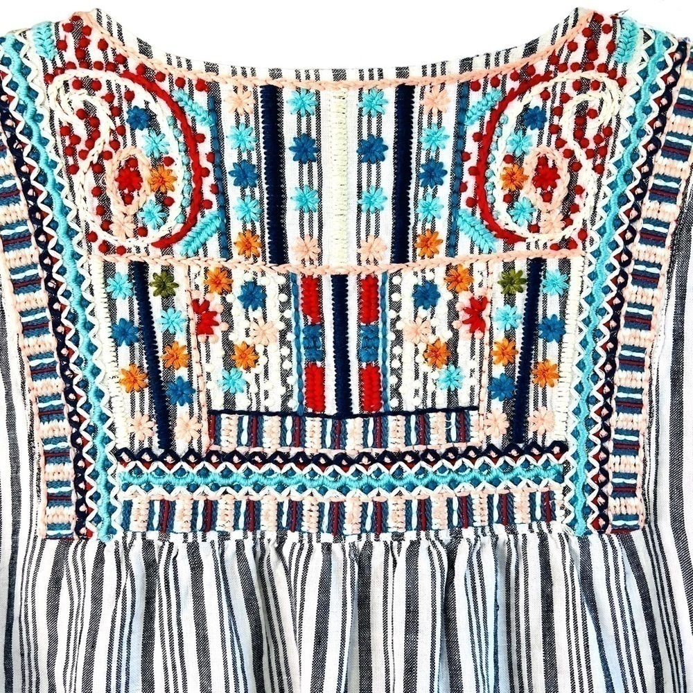 J.Jill Love Linen Boho Striped Embroidered Peasant Top with Tassels 3/4 Sleeve M - Picture 10 of 16